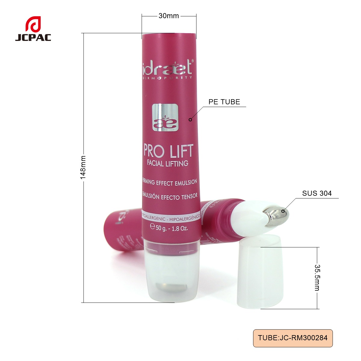 RM300284 30mm 50ml Massage Facial Cream Cosmetic Oval Tube With Roller Ball 