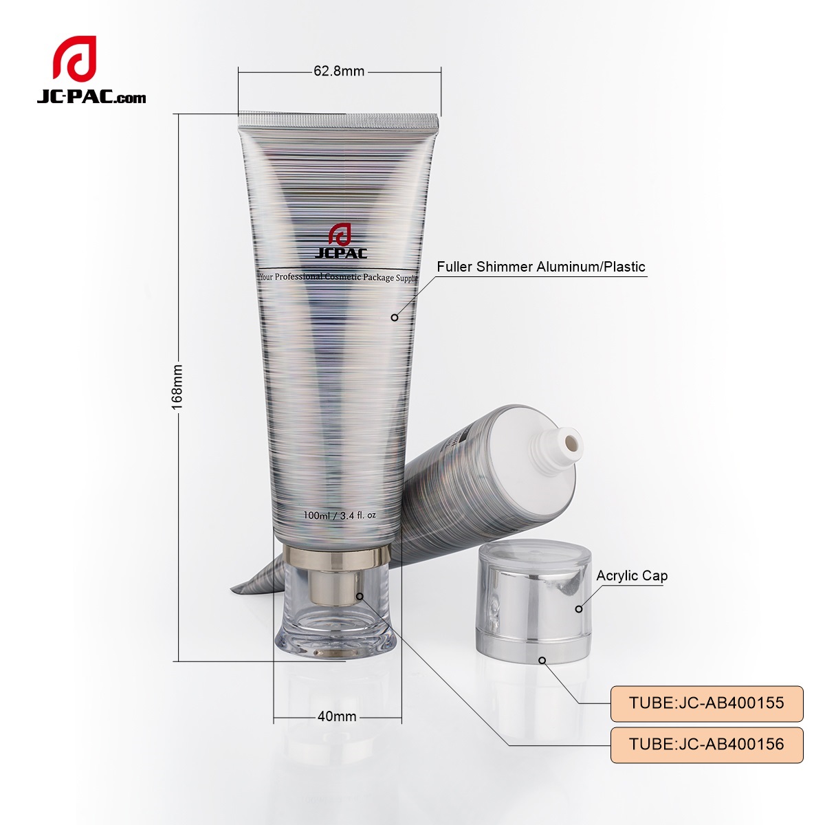 AB400155 100ml Custom Label Aluminum Plastic Tube Cosmetics Tube Packaging, Silver Laminated Tube with Acrylic Cap