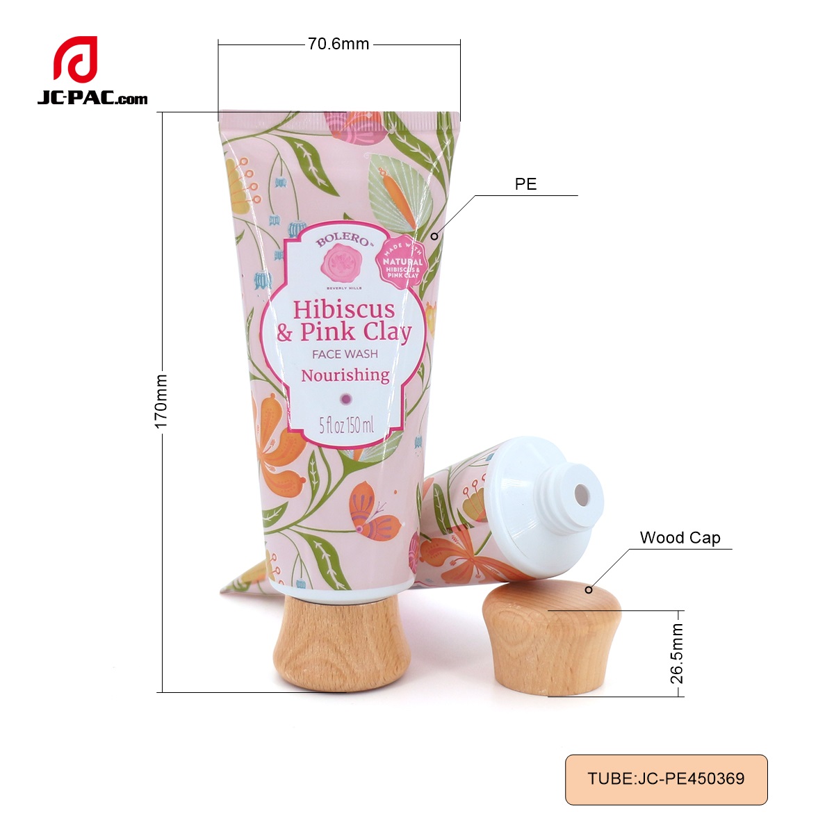 PE450369 Diameter 45mm 150ml Empty Cosmetic Plastic Package Tube with Wood Cap for Face Wash