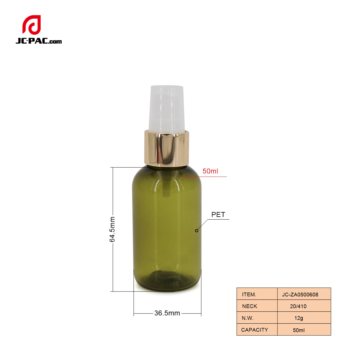 ZA0500608 50ml Round PET bottle with Customized Design, Lotion Bottle， Mist Sprayer Bottle