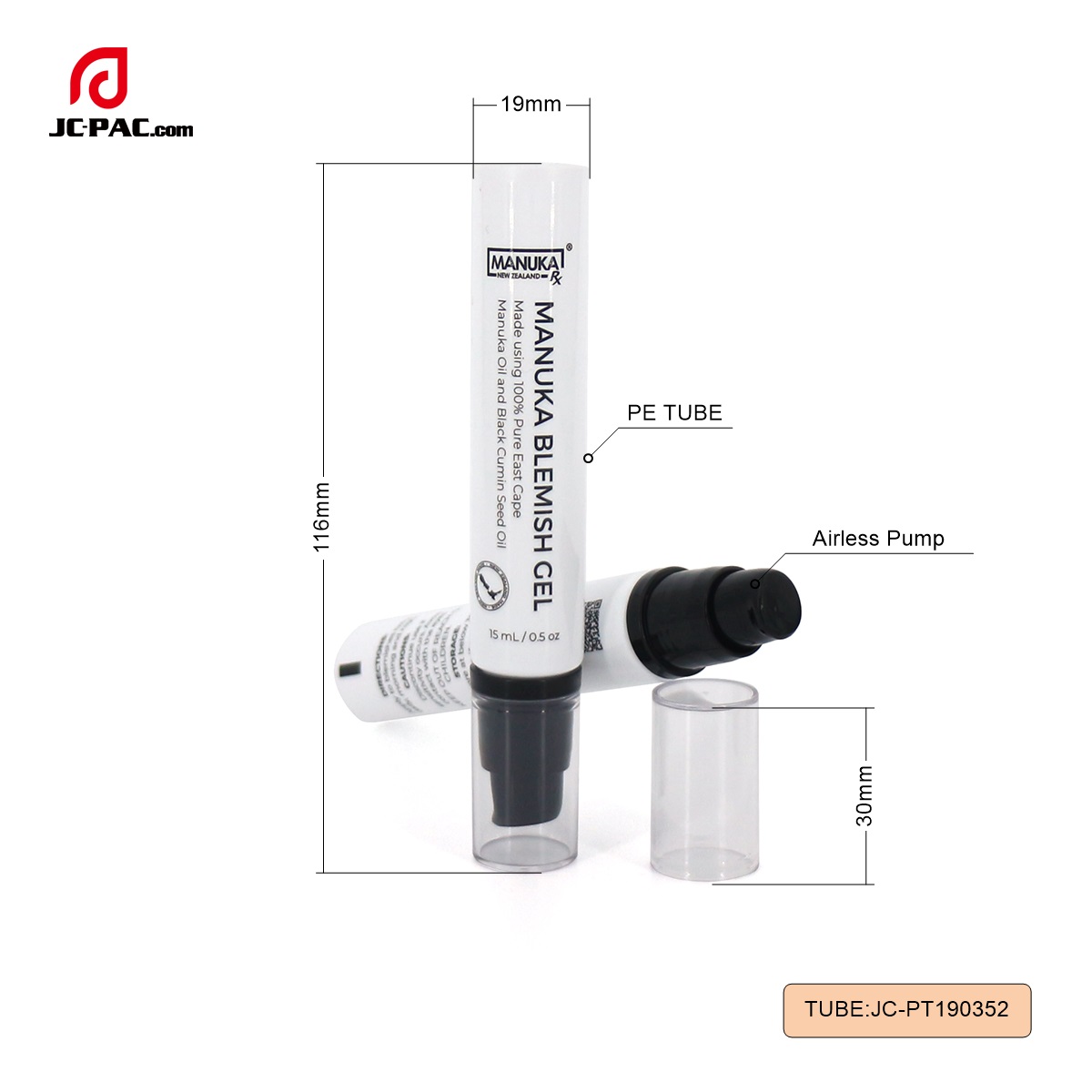 PT190352 white pump tube for cosmetic,  Small Airless Pump Tube, Airless Cosmetic Tube