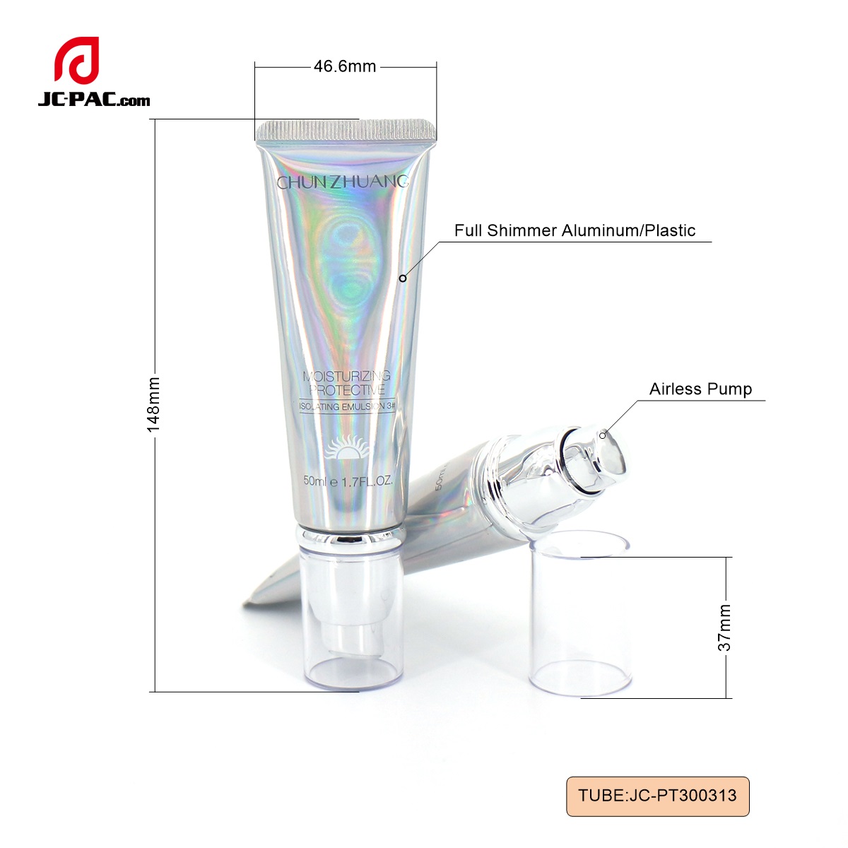 PT300313 Silver Shiny Laminated Tube with Airless Pump for Moisturizing Protective Cream Cosmetics Packaging