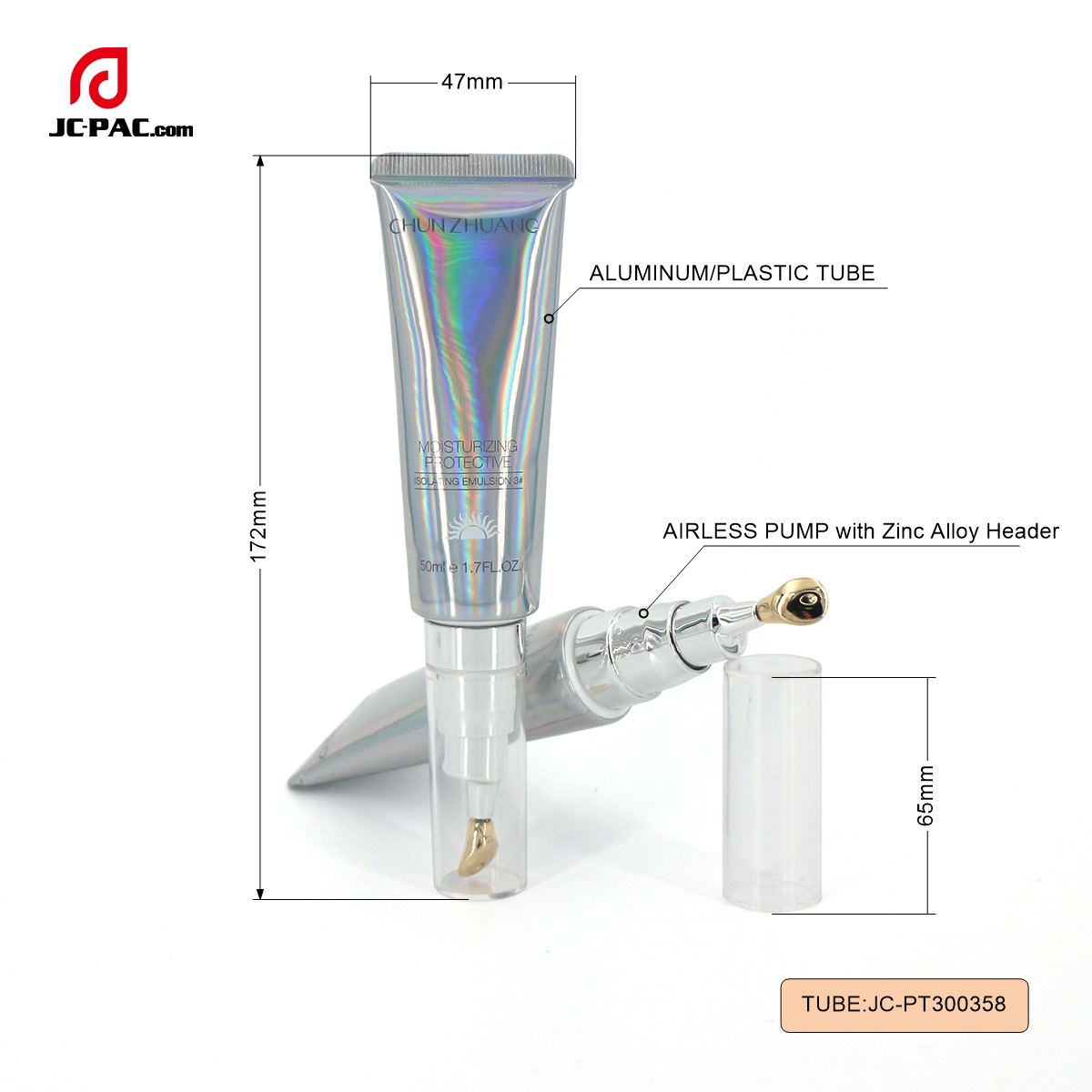 PT300358 Laminated Airless Plastic Tube with Zinc Applicator Cosmetics Packaging Eye Cream Massage Tube