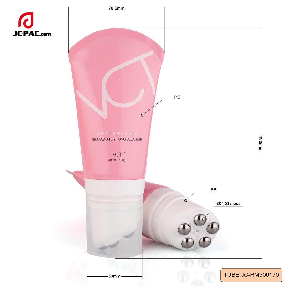 RM500170 50mm 120ml Cosmetic Body Massage Tube With Slant Five Roller Ball Applicator