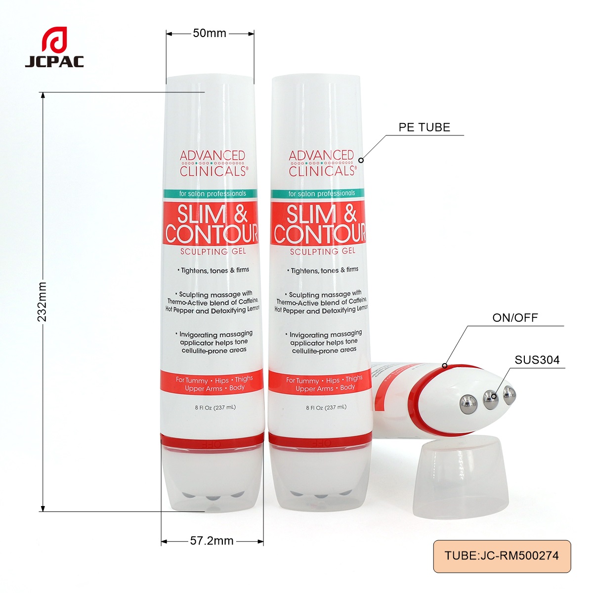 RM500274 50mm 120ml Oval Cosmetic Tube With Rotatable 3 Roller Ball