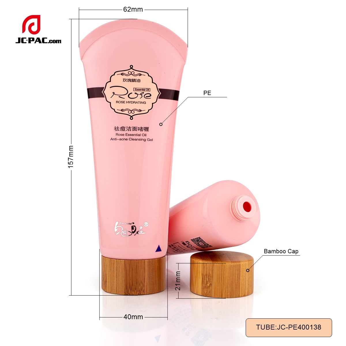 PE400138 Diameter 40mm Cosmetics 75ml Anti- acne Cleansing Gel Tube Soft Plastic Tube Packaging with Wooden Cap