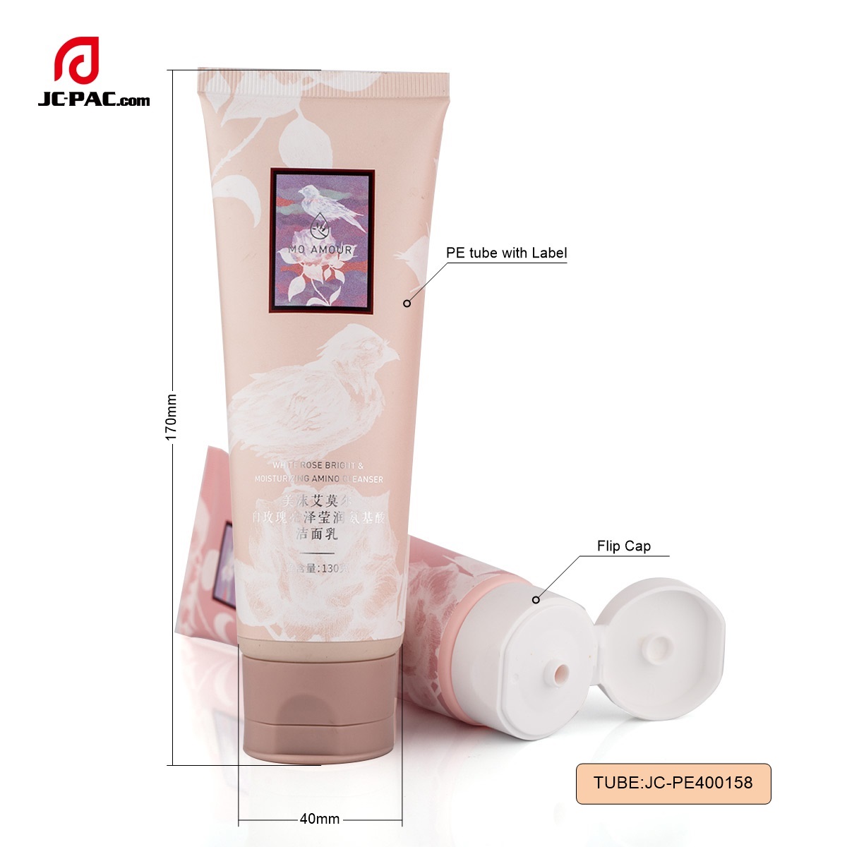PE400158 Diameter 40mm Cosmetics 130g Face Cream Tube Matte Pink Soft PE Tube Packaging with Flip Top Cap 