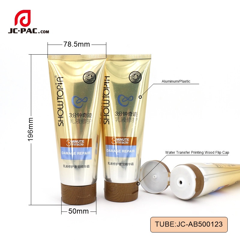 AB500123 250ml Laminate Tube For Hair Conditioner , Aluminum Plastic Tube , Cosmetic Tube With Water Transfer Printing Wooden Flip Cap 