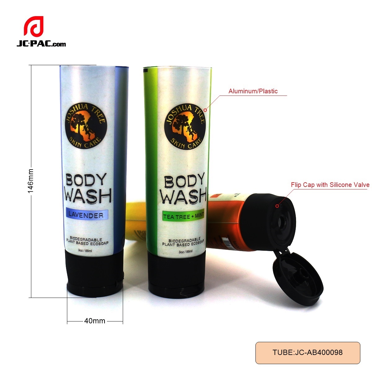 AB400098  100g Body Wash Tube Aluminum Plastic Laminated Tube Package, Cosmetics Facial Cleanser Packaging with Black Flip Top Cap