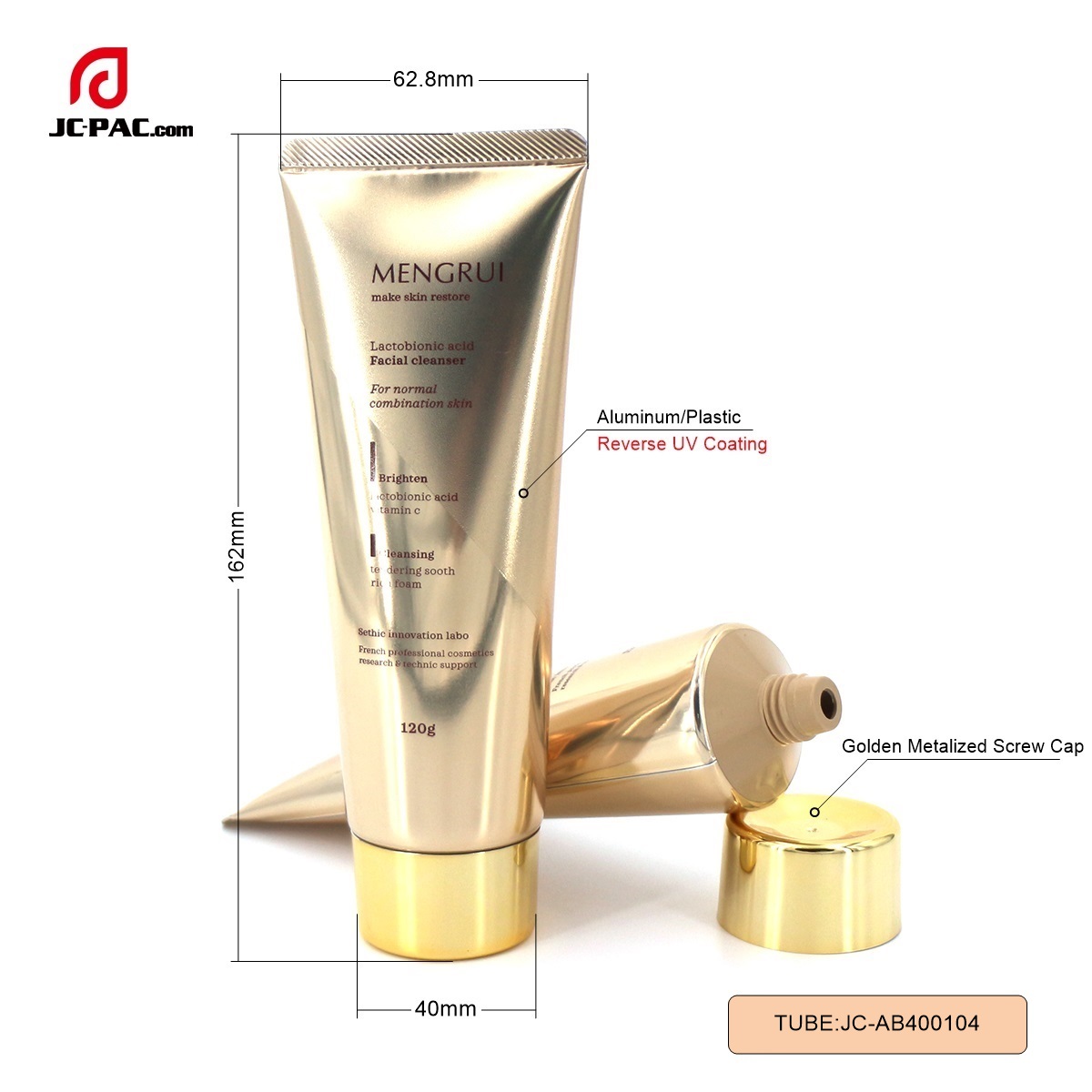 AB400104  120g Shiny Gloden Aluminum Plastic Cosmetics Facial Cleanser Tube Packaging Laminated Tube with Metal Cap