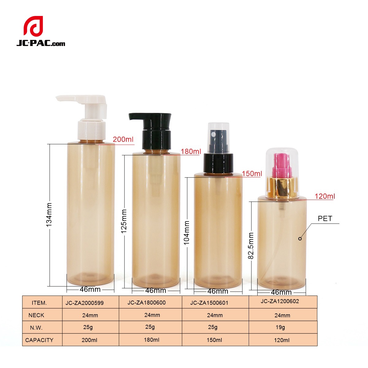ZA2000599, ZA1800600, ZA1500601, ZA1200602  Round PET bottle with Customized Design, Cosmetic Bottle, Lotion Bottle, Mist Sprayer Bottle